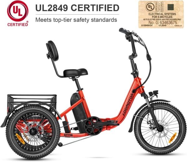 ADDMOTOR CITYTRI E-310 Folding Electric Trike for Adults.UL2849. 750W Rear Motor Electric Trike. 48V 20AH. 90MI. 3-Wheel Electric Bike for Commuting. Cargo 360lbs. Parking Brake.Differential Red - Image 2