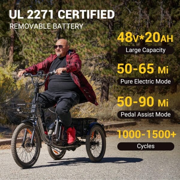 ADDMOTOR CITYTRI E-310 Folding Electric Trike for Adults.UL2849. 750W Rear Motor Electric Trike. 48V 20AH. 90MI. 3-Wheel Electric Bike for Commuting. Cargo 360lbs. Parking Brake.Differential Red - Image 4