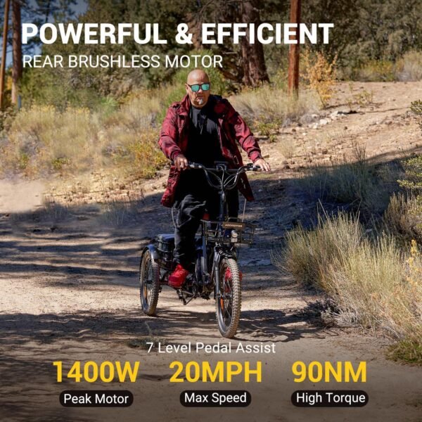 ADDMOTOR CITYTRI E-310 Folding Electric Trike for Adults.UL2849. 750W Rear Motor Electric Trike. 48V 20AH. 90MI. 3-Wheel Electric Bike for Commuting. Cargo 360lbs. Parking Brake.Differential Red - Image 5